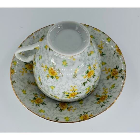 Ries Japan Ceramic Tea Cup & Saucer White Yellow Roses Gray Floral Gold Accents - Picture 8 of 9